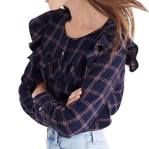 Madewell Navy Red Plaid Flannel Ruffle Front Top Size Medium